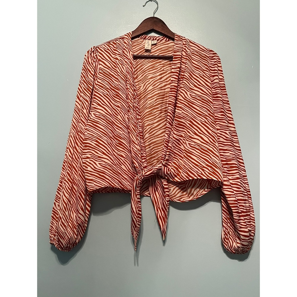 Joie Zebra Print Tie Waist Top Tan Coastal Cowgirl Layering Blouse Medium